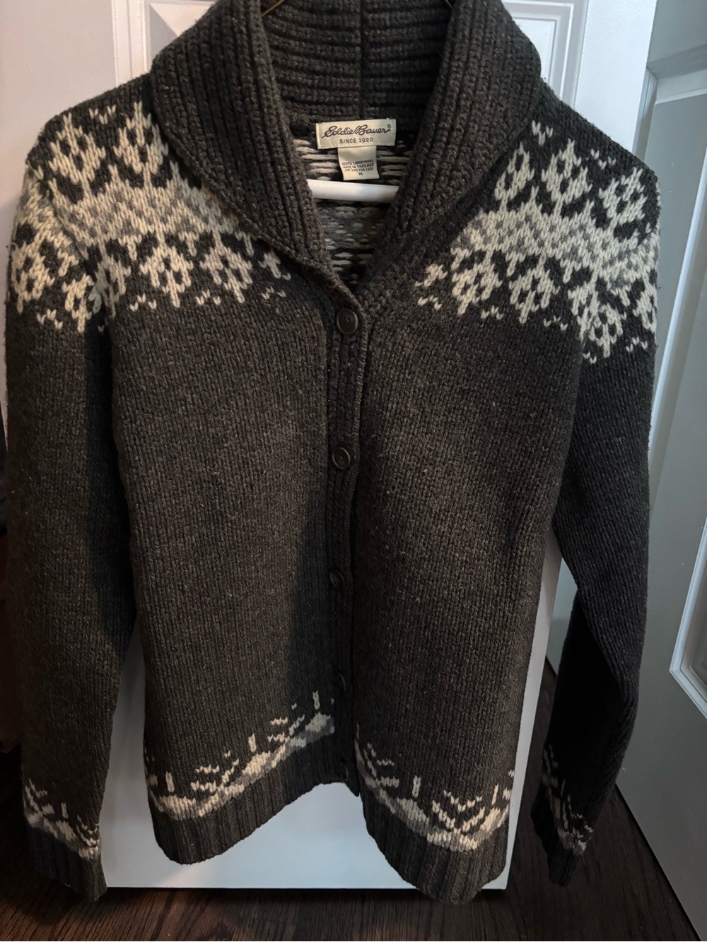 Eddie Bauer Womens M 100% Lambswool Fair Isle Cardigan Shawl Collar Nordic Y2K